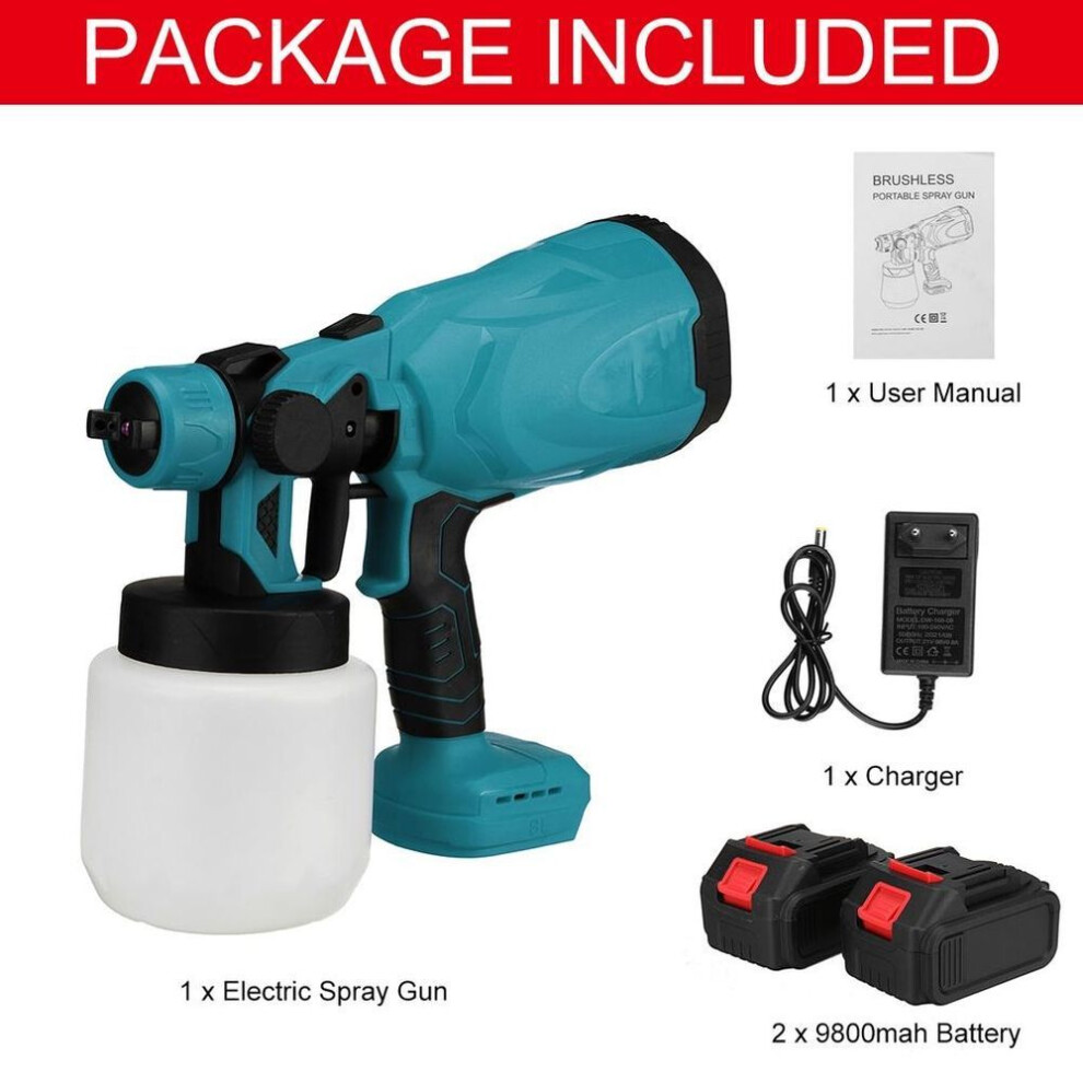 (2*10Batteries Blue) 800ml Cordless Electric Spray Gun High Power Home Paint Sprayer with 3 Nozzle Flow Control Airbrush for Makita 18V LED Battery
