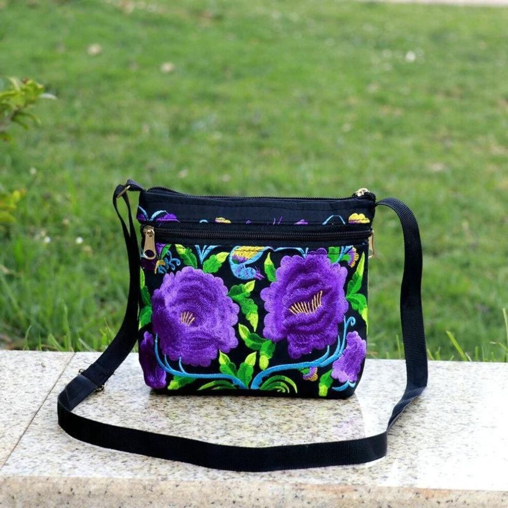 (purple, 18x6x17cm) Yogodlns New Ethnic Style Embroidery Bag Three Zipper Women Shoulder Crossbody Bag Small Handbags for Women Casual Canvas Travel Bags