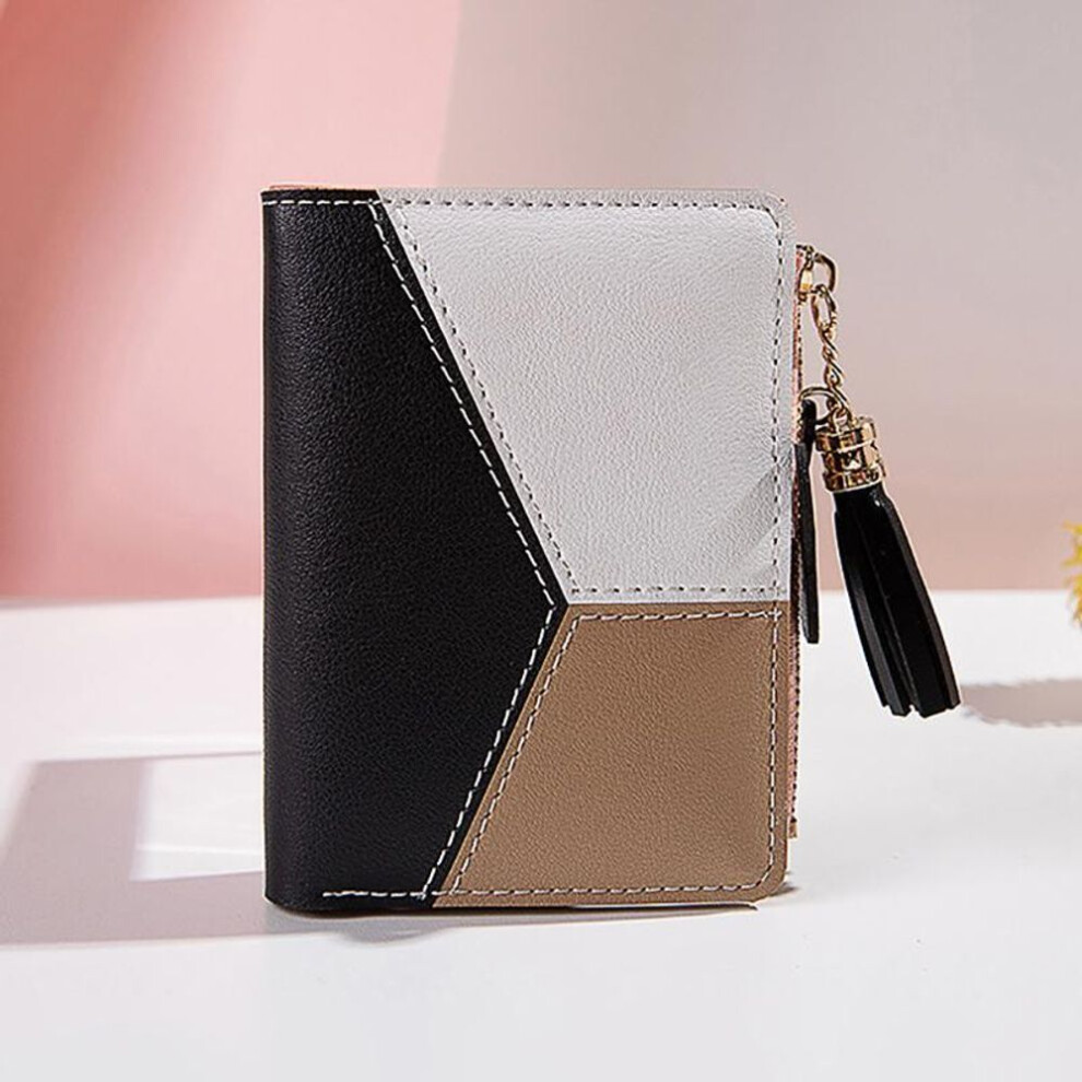 (black, 12*9*1.8cm) Yogodlns Simple Style Short Wallets Tassel Hit Color PU Leather Coin Purse Card Holders Small Clutch Women Girls Hand Bag Pouch