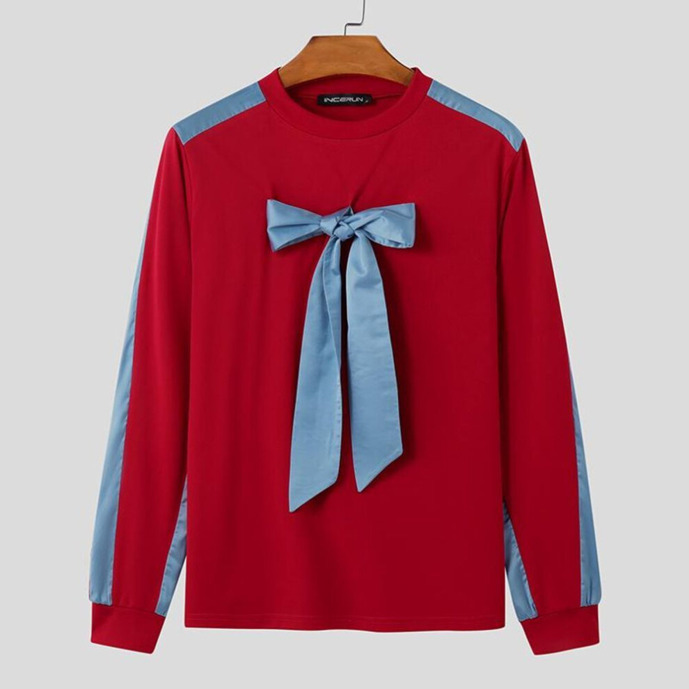 (blue, 5XL) Incerun Oversized Men Round Neck Long Sleeve Bow Knot Stitching T-shirts Tops