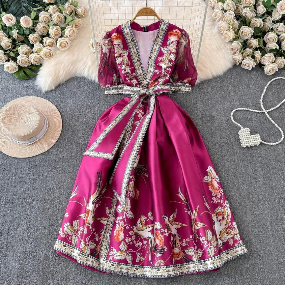 (red, L) Summer Bohemian Flower Print Long Dress Women V-Neck Puff Sleeve Vintage Print Bandage Lace Up Vestido Female Clothes 1651