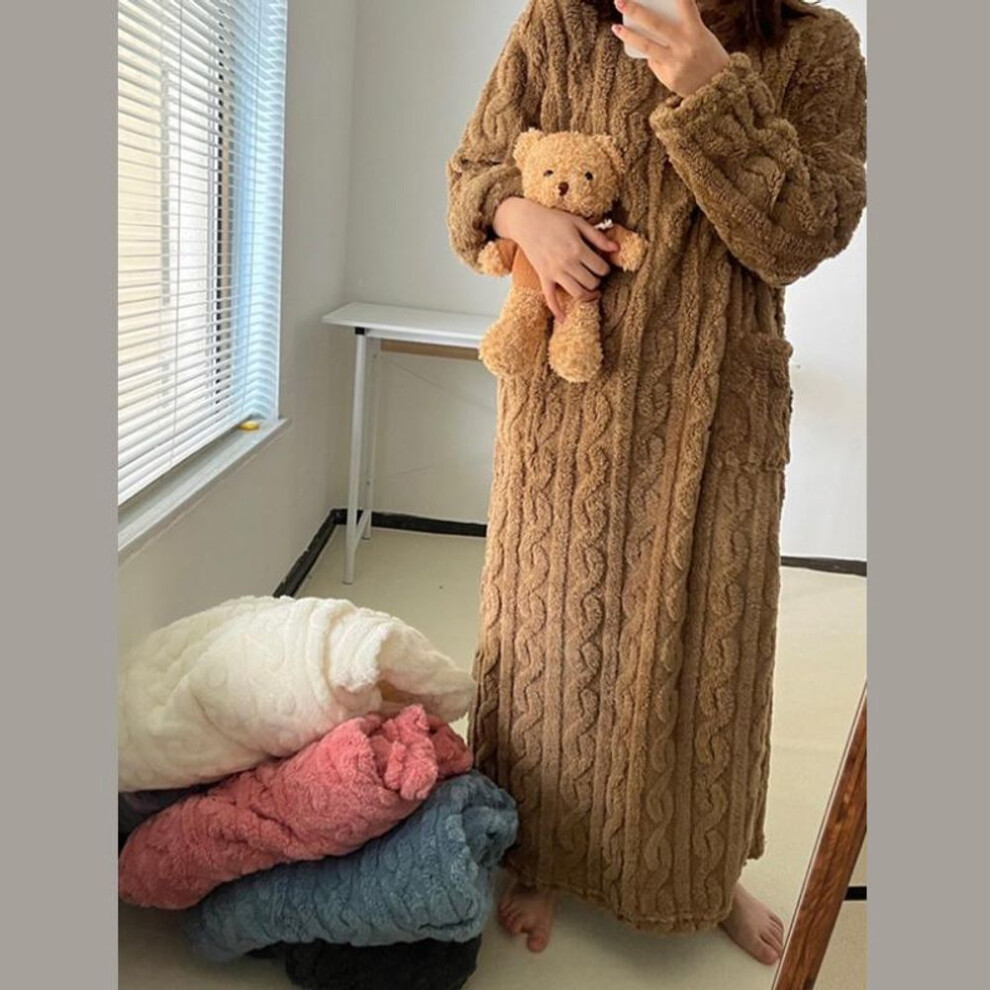 (coffee, M) Women Plus Size Thickened Flannel Sleepwear Nightgowns Solid Color Night Dress Jacquard Dress Warm
