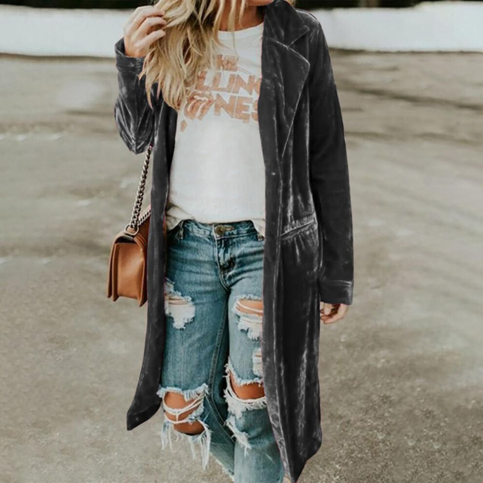 (gray, S) Women&apos;s Fashion Gold Velvet Windbreaker Long Dress Casual Jacket
