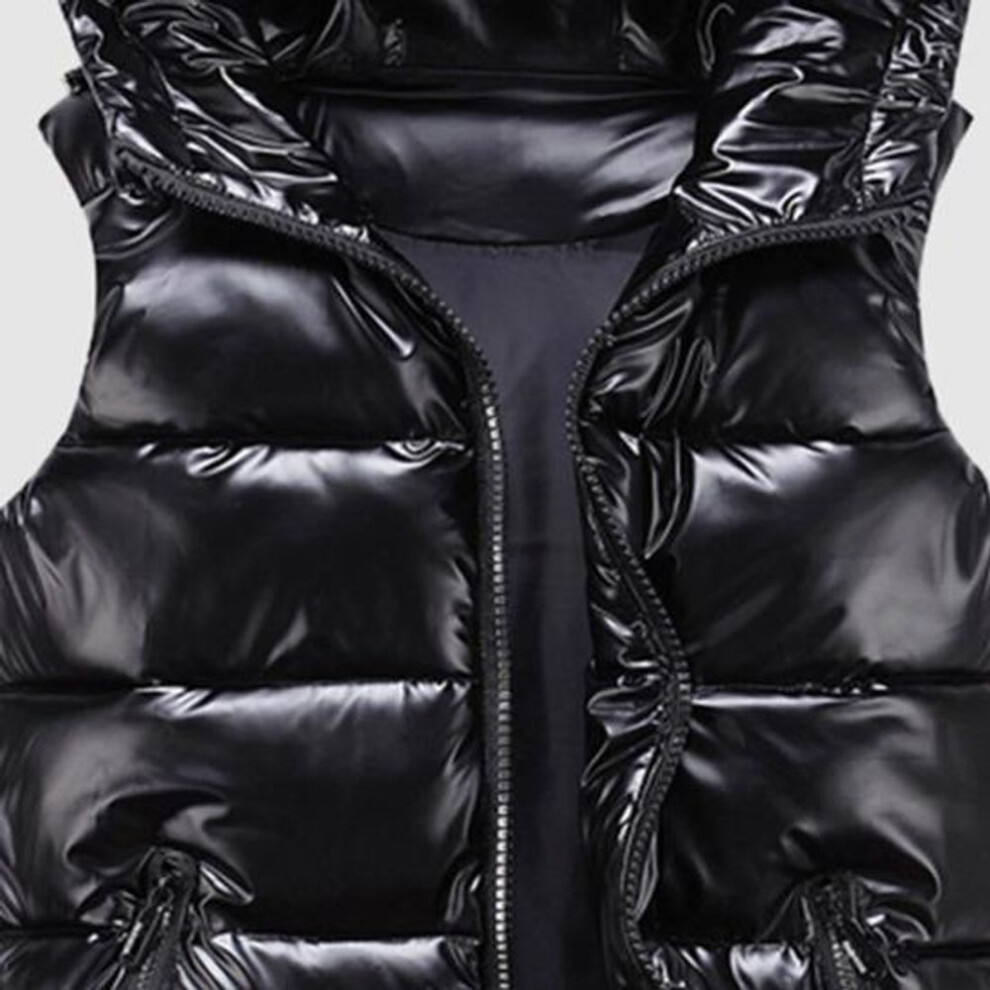 (black, 2XL) Women Winter Vest Solid Color Hooded Warm Elastic Hem Pockets Bright Color Quilted Vest Waistcoat