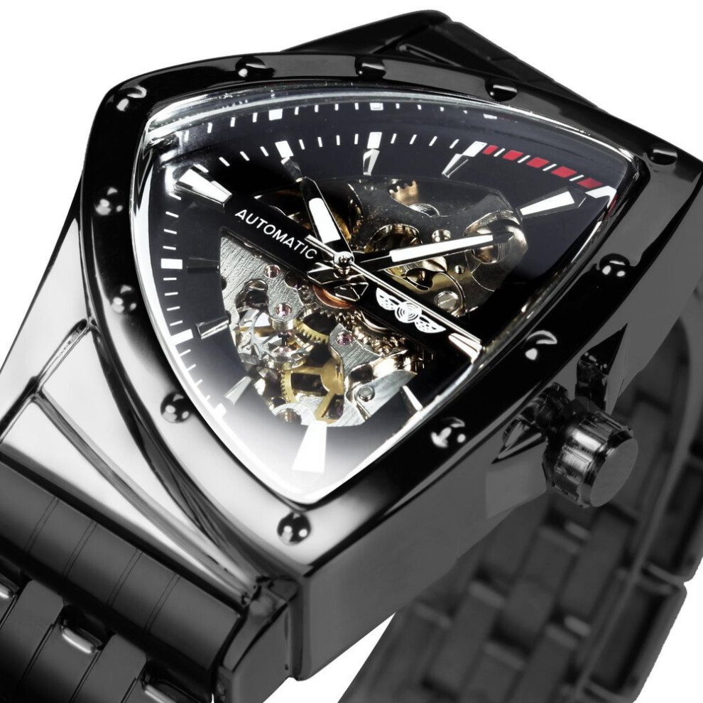 (black) WINNER Triangle Skeleton Gold Black Watch for Men Automatic Mechanical Wristwatch Irregular Luxury Stainless Steel Strap