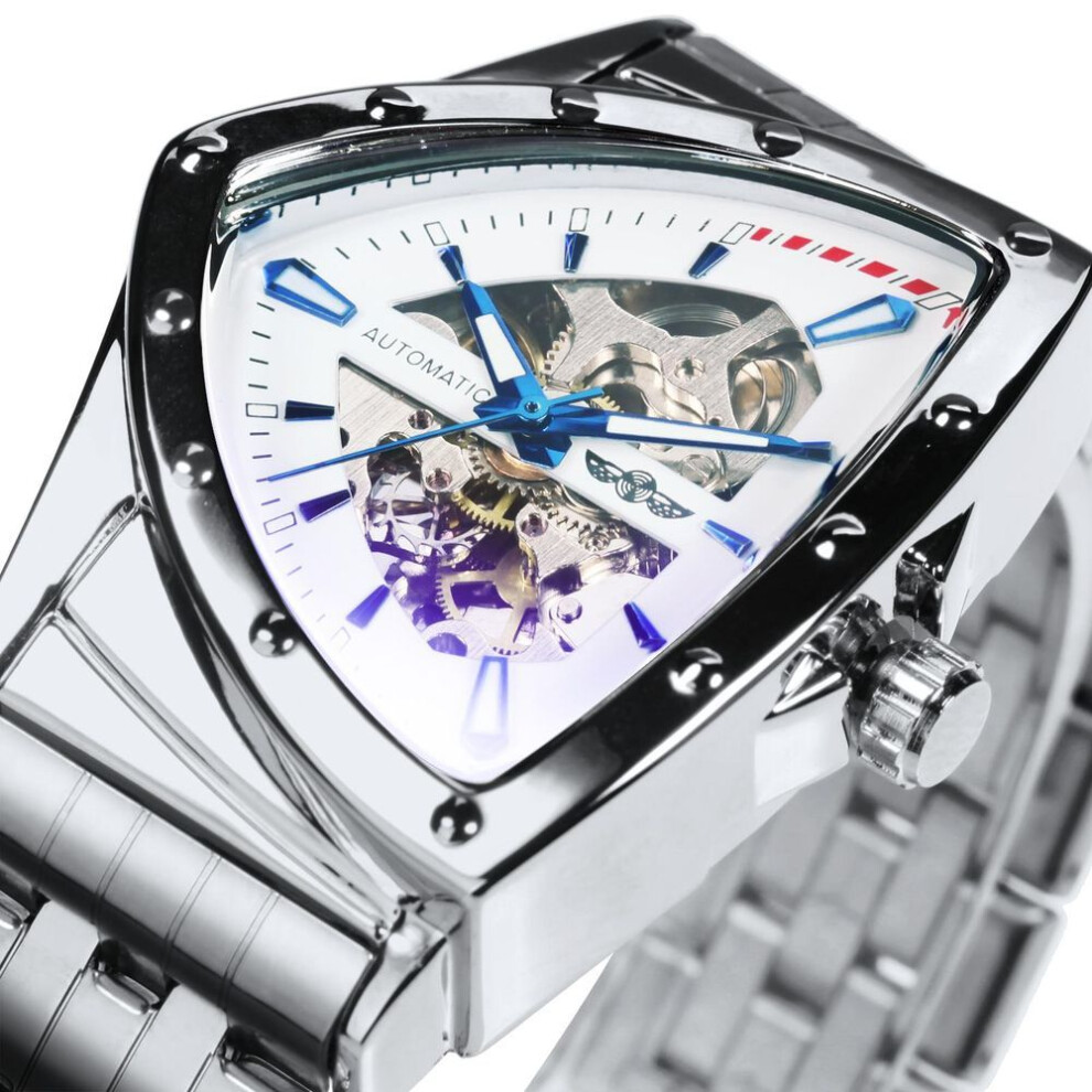 (white) WINNER Triangle Skeleton Gold Black Watch for Men Automatic Mechanical Wristwatch Irregular Luxury Stainless Steel Strap