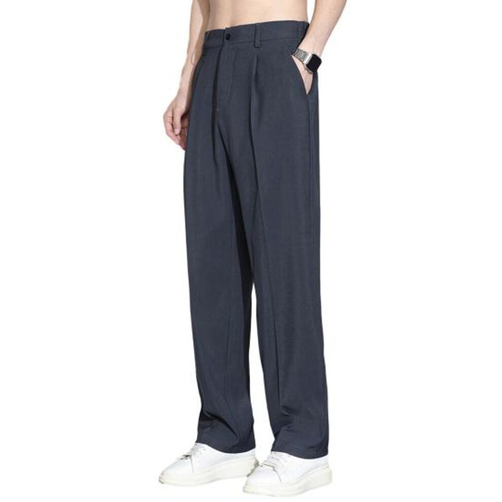 (dark gray, 4XL) Men Ice Silk Casual Long Pants Elastic Waist Buttons Fly Pockets Straight Wide Leg Draped Thin Business Trousers