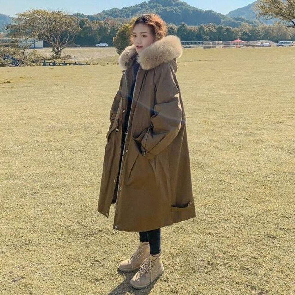 (brown, XL) Women Winter  Cotton Padded Jacket with Plush Thickened Padded Long Parka Jacket Faux Fur Hooded Jacket