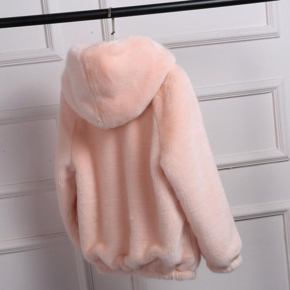 (pink, L) Women Warm Faux Fur Coat Hooded Winter Outerwear Fluffy Jacket Thicker