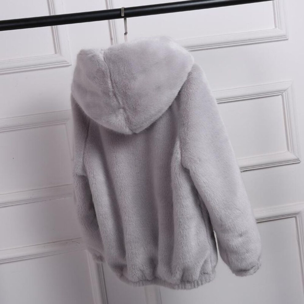 (grey, S) Women Warm Faux Fur Coat Hooded Winter Outerwear Fluffy Jacket Thicker