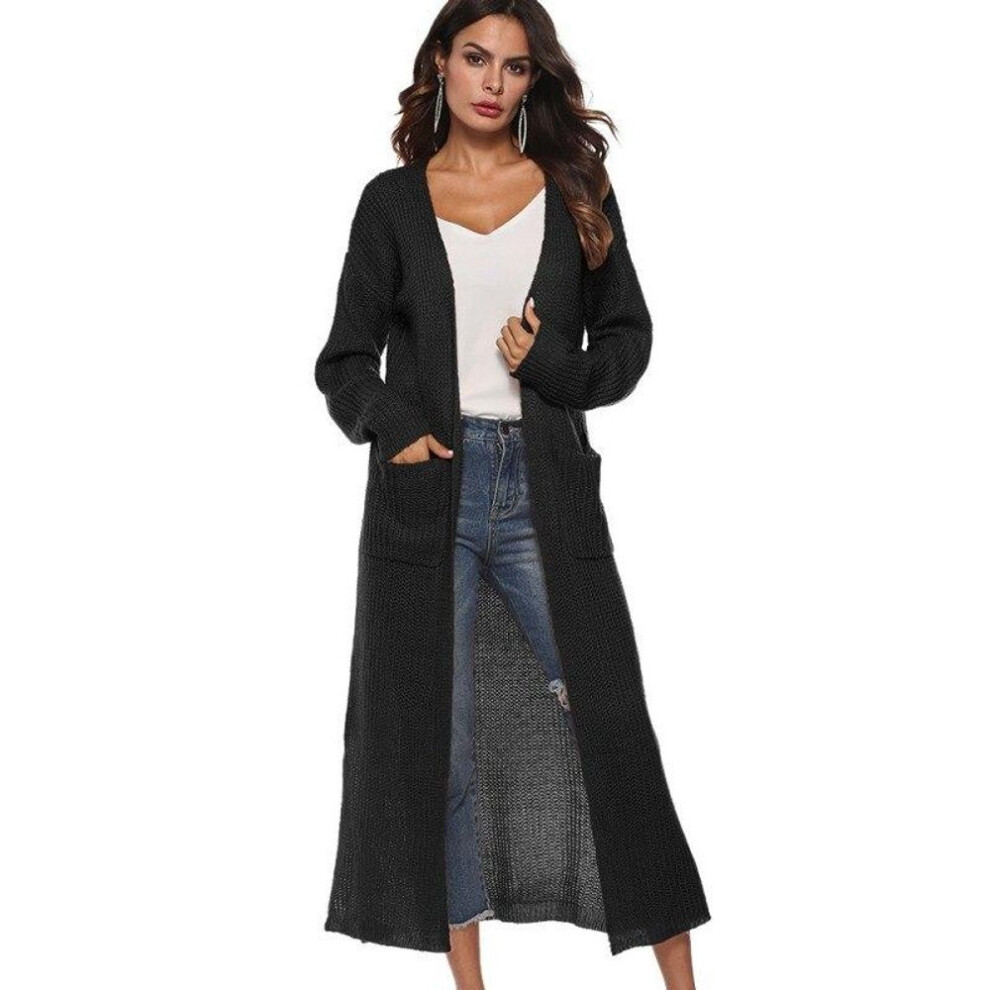 (black, L) Long Solid Sweaters Knitting Long Sleeves Pockets Cardigan Sweater Female Cardigans