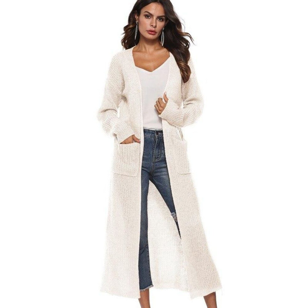 (beige, XL) Long Solid Sweaters Knitting Long Sleeves Pockets Cardigan Sweater Female Cardigans