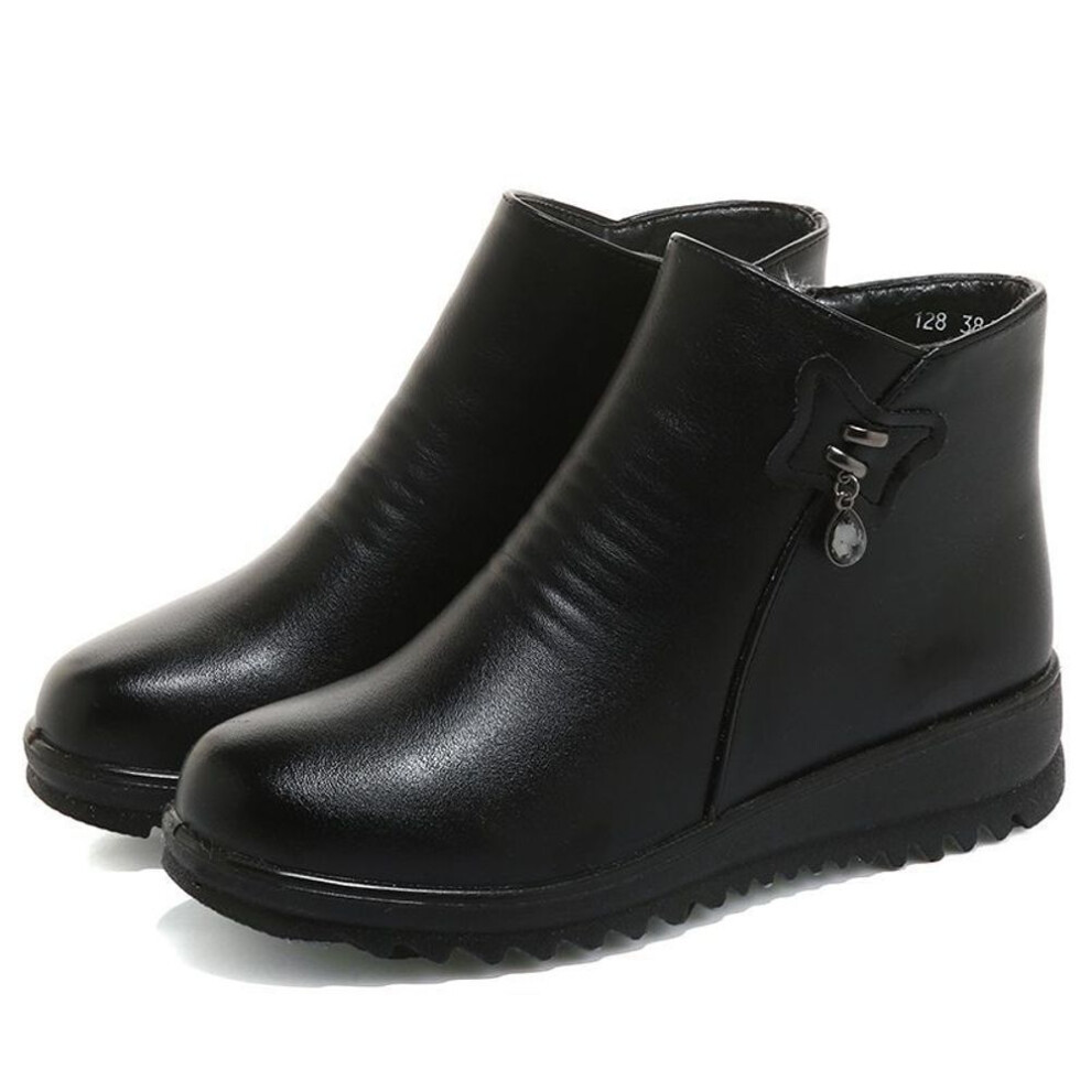 (black, 39) Winter Plus Velvet Soft Leather Cotton Shoes Women&apos;s Warm Non-slip Flat Leather Shoes Soft Sole Short Boots