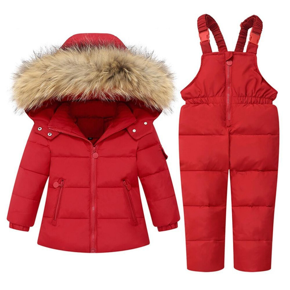 (red, 90(1-2T)) 1-6 Years Kids Girls Boys Snow Wear Winter Hooded Puffer Jacket Outerwear and Bib Pants Two Piece Snowsuit Outfits