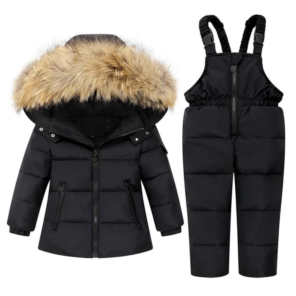 (black, 110(3-4T)) 1-6 Years Kids Girls Boys Snow Wear Winter Hooded Puffer Jacket Outerwear and Bib Pants Two Piece Snowsuit Outfits