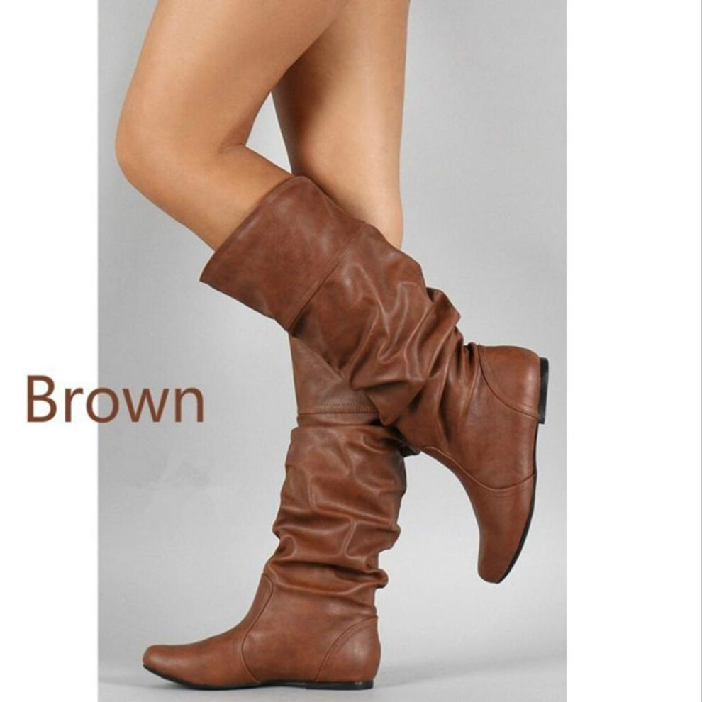 (brown, 38) Women Leather Mid Calf Boots Casual Slip On Autumn Winter Wedge Long Fashion Pleated Round Toe Black High Female