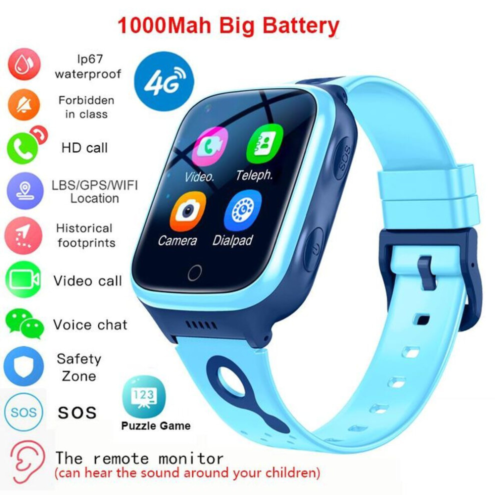 (blue, European version) 4G Kids Smart Watch WiFi GPS LBS Tracker SOS Video Call Children Smartwatches 1000 Mah IP67 Waterproof Phone Watch for Boys Girls