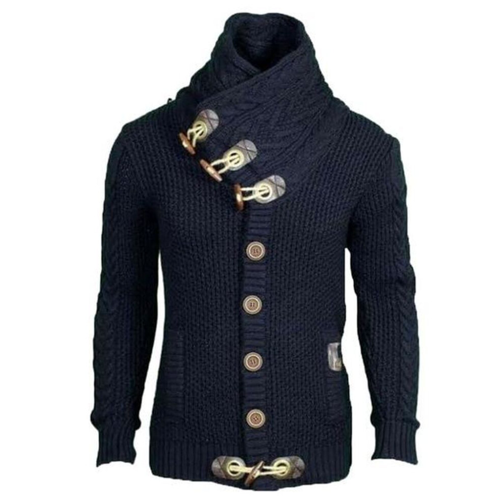 (navy blue, L) Mens 2019 Buckle Sweater Cardigan Winter Warm Thick Hedging Turtleneck Knitting Jumper Sweaters