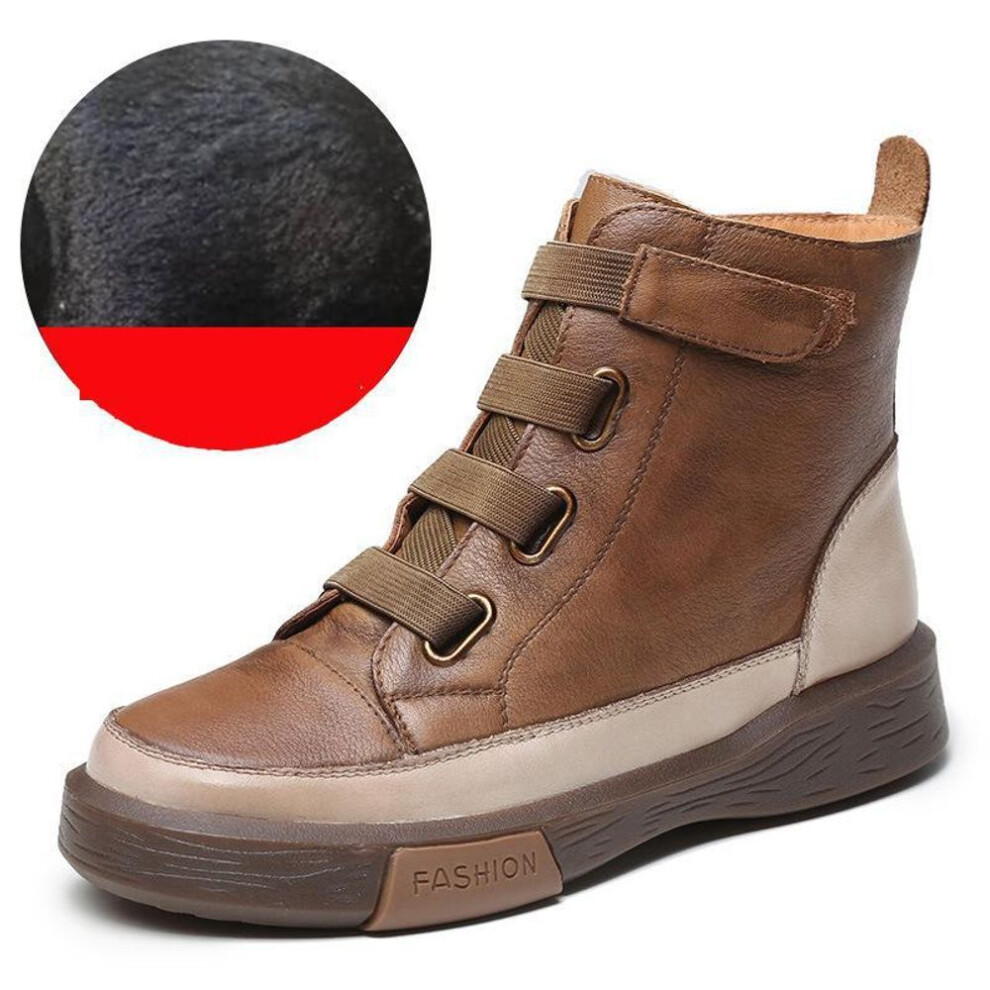 (khaki beige, 39) Genuine Leather Ankle Shoes Women Boots Round Toe Zip Winter Sewing Leisure Handmade Platform Boots