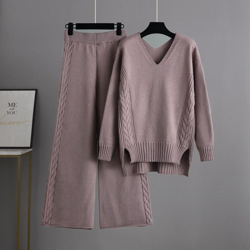 (purple, OneSize) Autumn Winter V Neck Solid Color New Lazy Wind Knitted Wide Leg Pants Suit Women's Temperament Two Piece Set