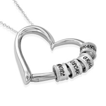 (Silver, 2 Beads) Up to 6 Beads Heart Necklace with Engraved Beads / Family Necklace
