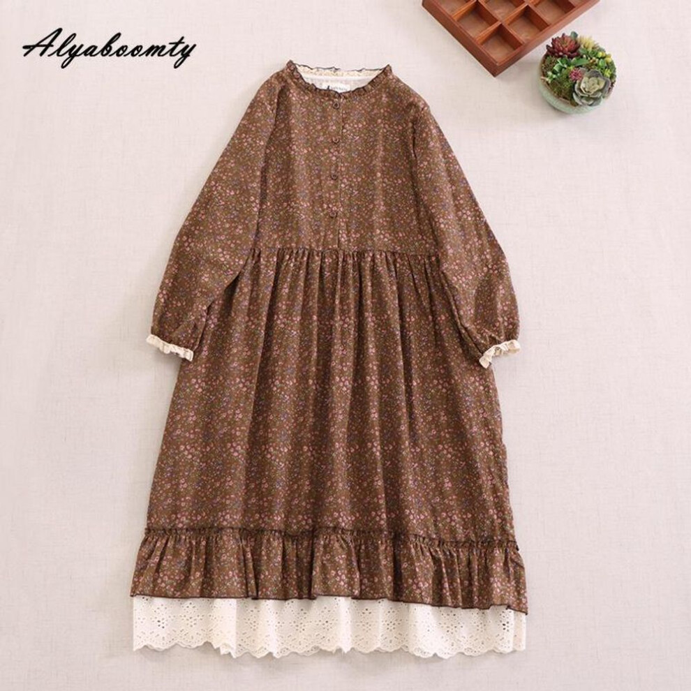 (brown, One Size) Mori Girl Spring Autumn Women Retro Dress Stand Collar Blue Apricot Coffee Floral Print Dress Cotton Linen Vintage Loose Midi Dress