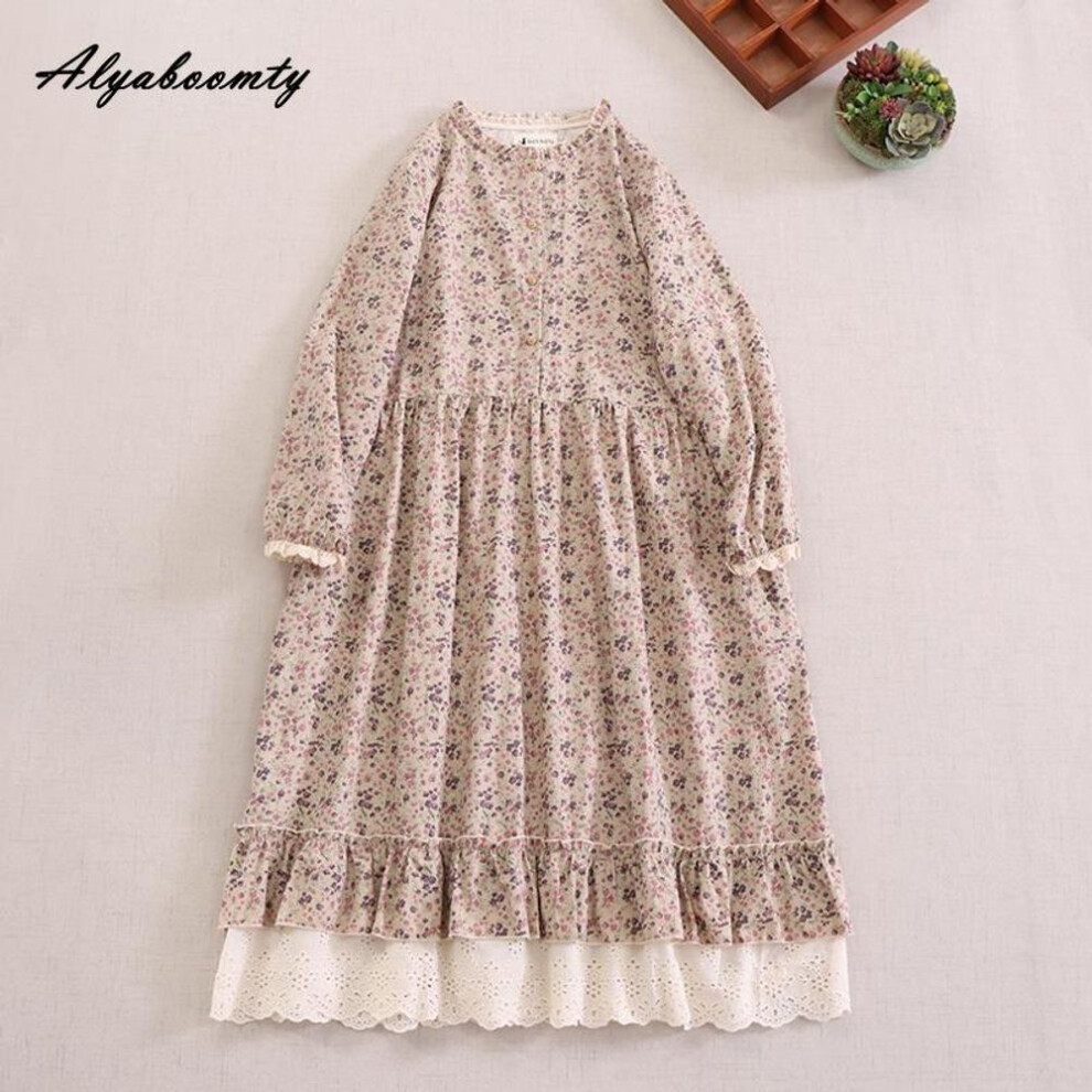(apricot, One Size) Mori Girl Spring Autumn Women Retro Dress Stand Collar Blue Apricot Coffee Floral Print Dress Cotton Linen Vintage Loose Midi Dress