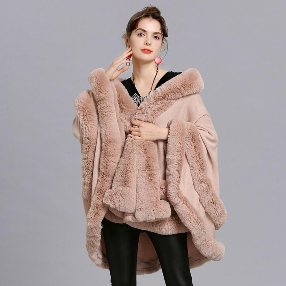 (pink, One Size) 6 Colors Women Faux Fox Fur Cape Big Pendulum Cardigan Winter Shawl Warm Thick Coat Two Circle Fur Loose Poncho Cloak With Hat