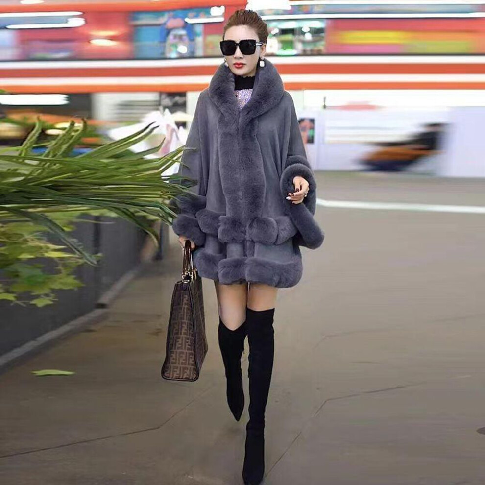 (grey, One Size) 6 Colors Women Faux Fox Fur Cape Big Pendulum Cardigan Winter Shawl Warm Thick Coat Two Circle Fur Loose Poncho Cloak With Hat