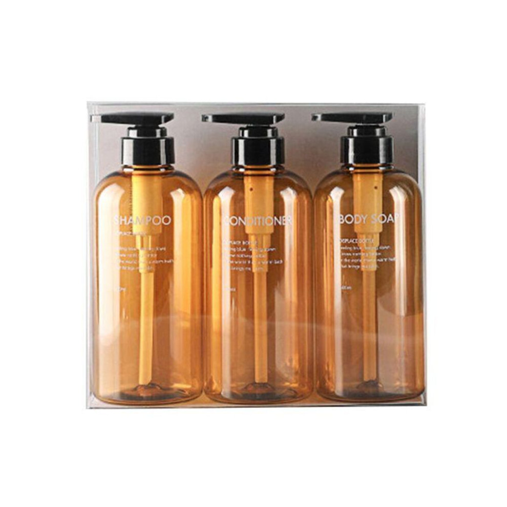 (brown) 3Pcs 500ml Bottle Set Shampoo Shower Gel Hair Conditioner Press Pump Soap Dispenser Bathroom Bottle