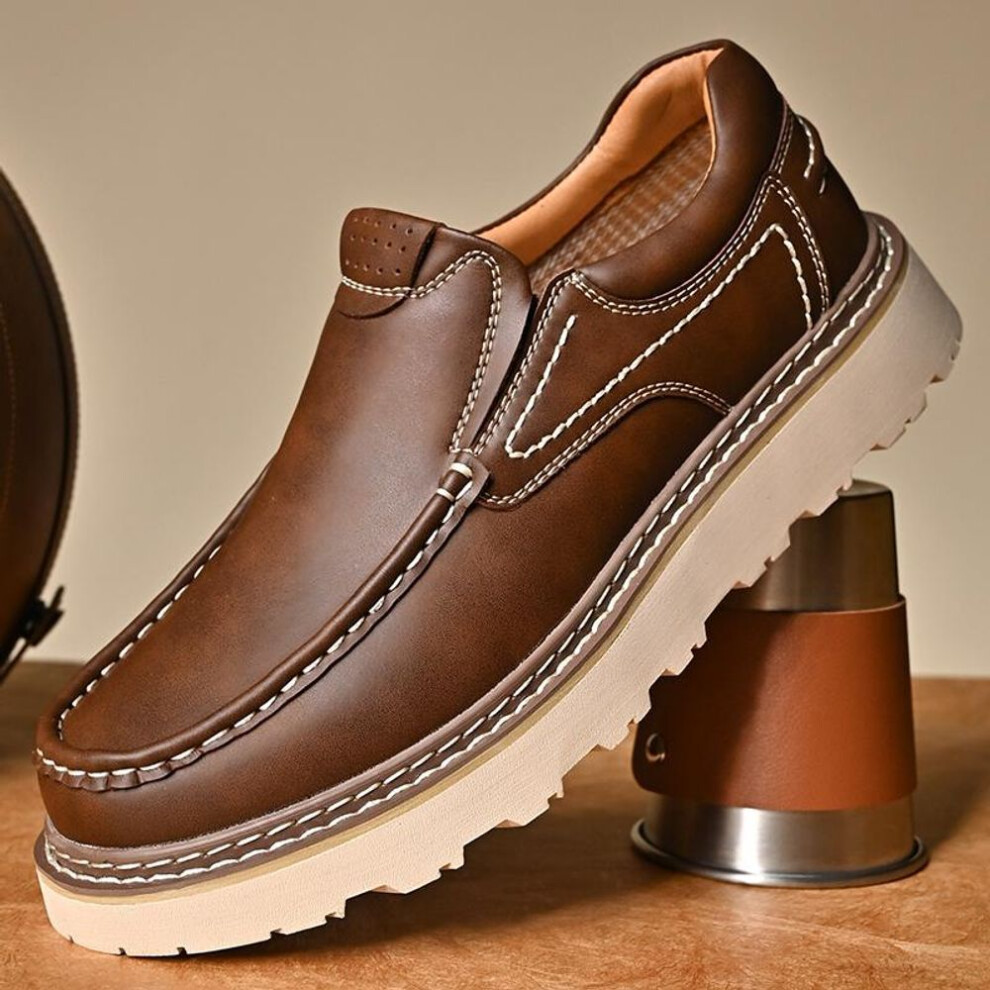(brown, 45) Fashion Men&apos;s Leather Casual Shoes Slip on Work Shoes