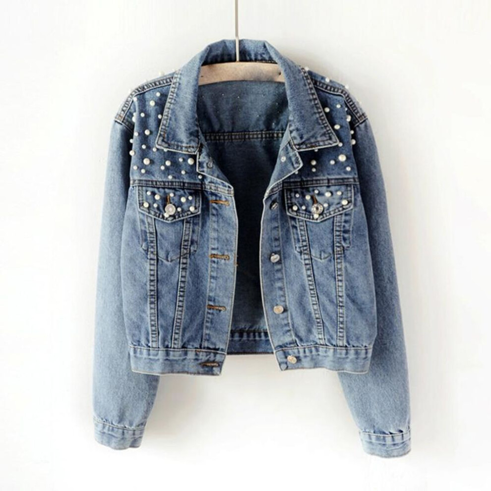 (blue, S) Denim Coat Autumn Pearl Beaded Short Denim Jackets Women Long Sleeve Vintage Casual Jean Jacket Coat