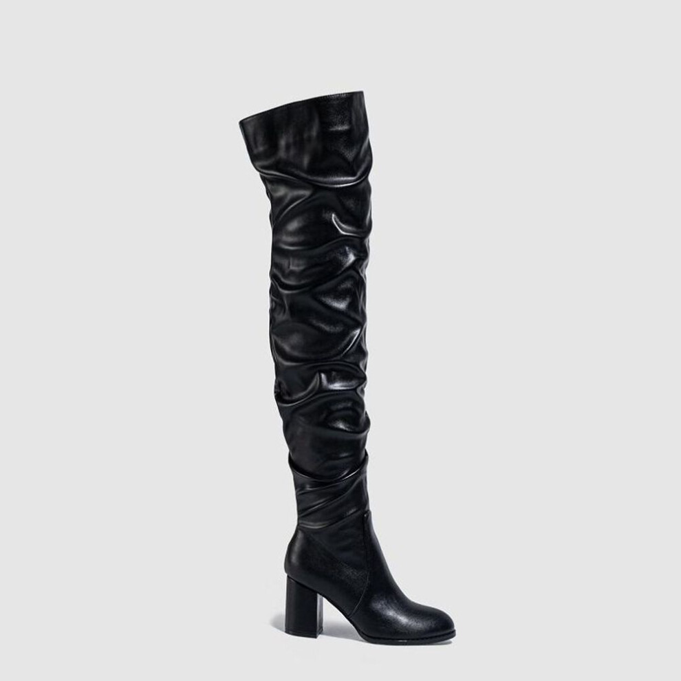 (black, 37) Eilyken Designer Pleated Over-the-knee Women Boots Winter High Heels Fashion Runway Round Toe Ladies Zipper Booties Shoes