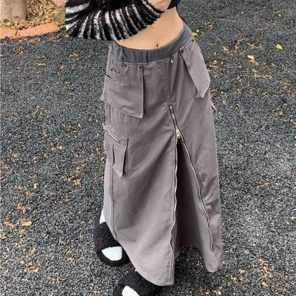 (gray, M) Cargo Skirt Long Women Vintage Harajuku High Waist Pocket Patchwork Zipper Split Grunge Straight Skirt Y2k Streetwear