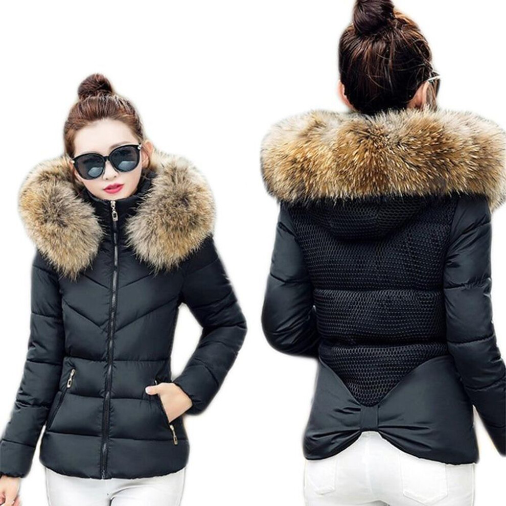 (black, XS) Women Winter Warm Coat Fake Fur Collar Parka Down Solid Color Full Sleeve Long Thickening Warm Coat