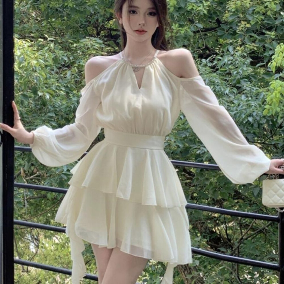 (Beige, S) Women&apos;s Summer Off Shoulder Sweet Dress Elegant Long Sleeve Ruffles Party Dresses