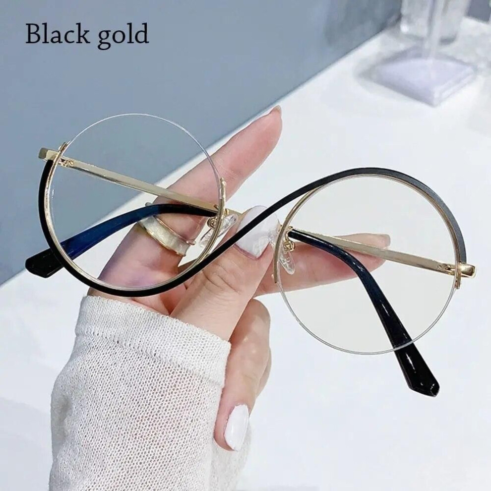 (Black) Trend Personality S Half Frame Anti Blue Light Glasses Fashion Round Metal Women&apos;s Spectacles Vintage Men Female Eyeglass