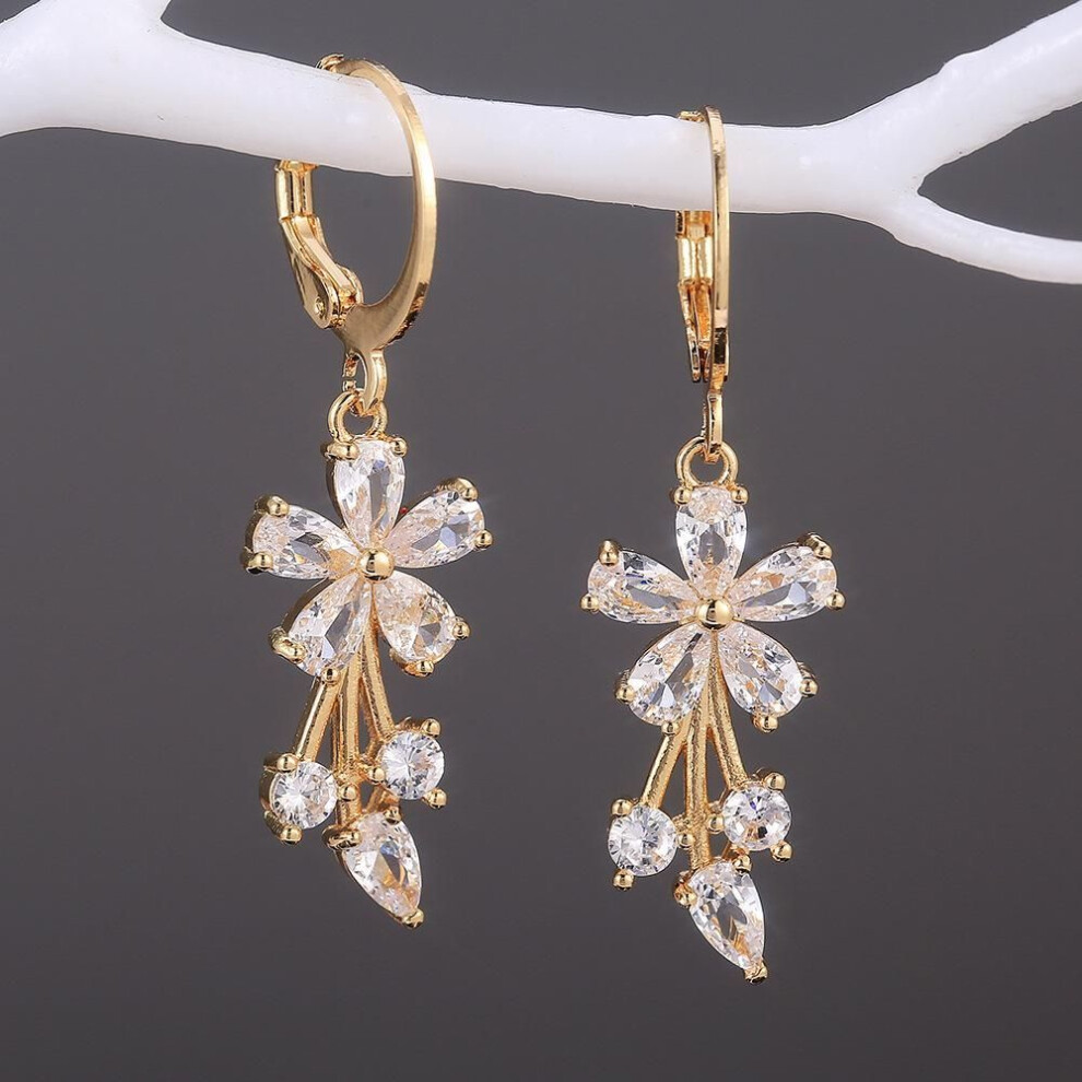 (White) Flower Shape Women Drop Earrings Shiny Zircon Dangle Earrings Fashion Banquet Jewelry Gift