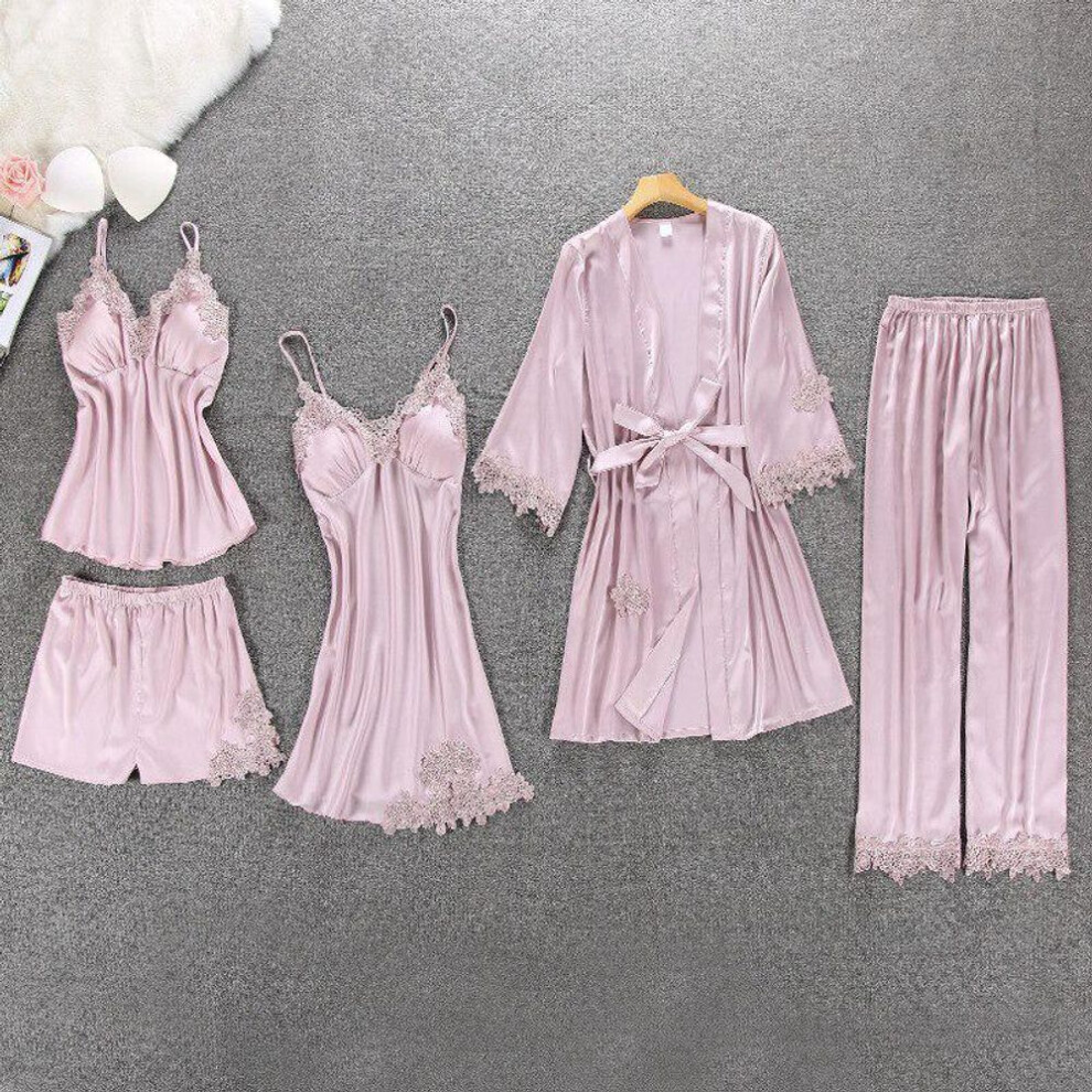 (pink, L) Lisacmvpnel 5 Pcs With Pad Sexy  Lace Pajama Set  Nightgown+Cardigan+Pant Set Lace Pijama For Women