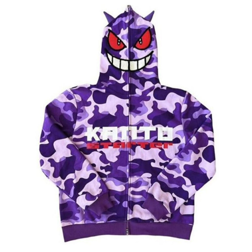 (as the picture, XXXL) Demon and Letter Print Hoodie Vintage High Street Goth Sweatshirt Oversized Zip Jacket Harajuku Tops Hoodies Woman and Men