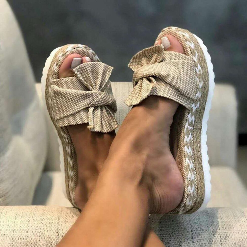 (beige, 40) Women Cute Bowknot Sandals Casual Slip On Sandals Ladies Daily Platform Sandals Party