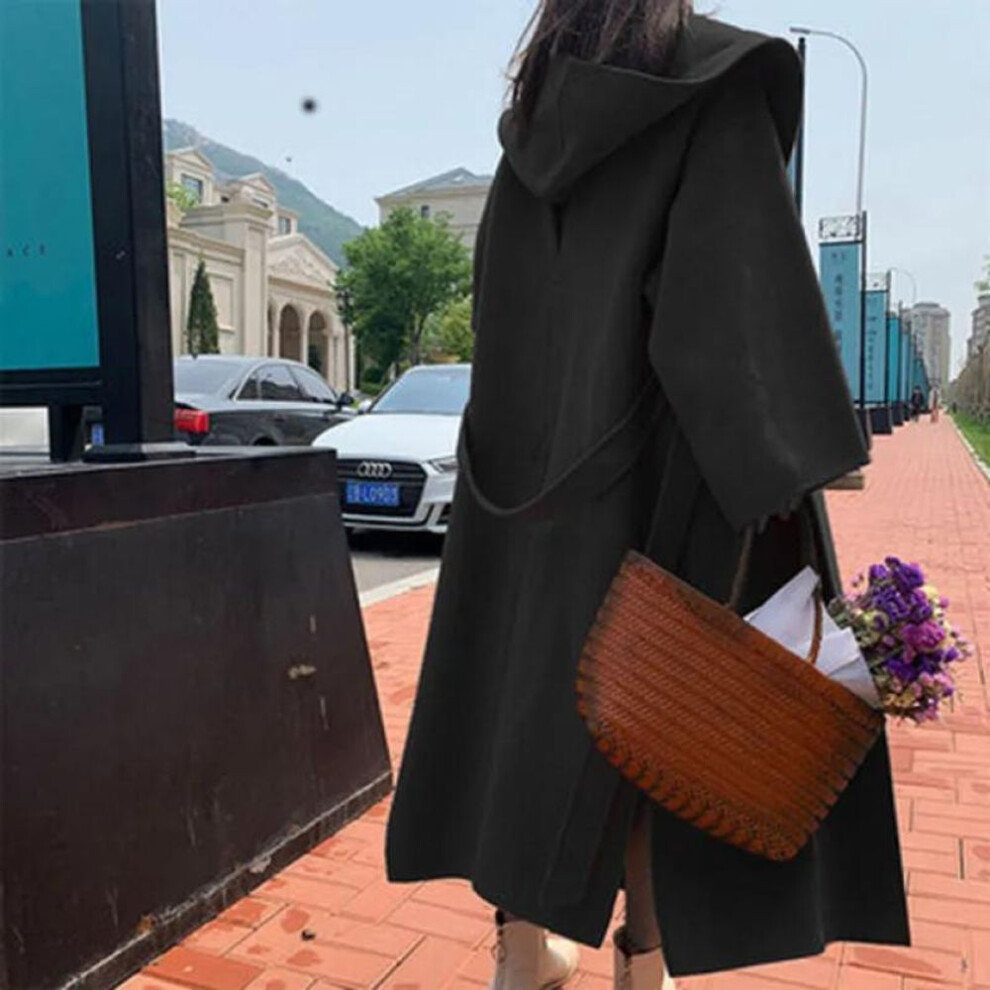 (black, M) New Winter Women Solid Loose Hooded Woolen Coats Female Elegant Sashe Pocket Warm Outerwears Ladys Oversize Streetwear