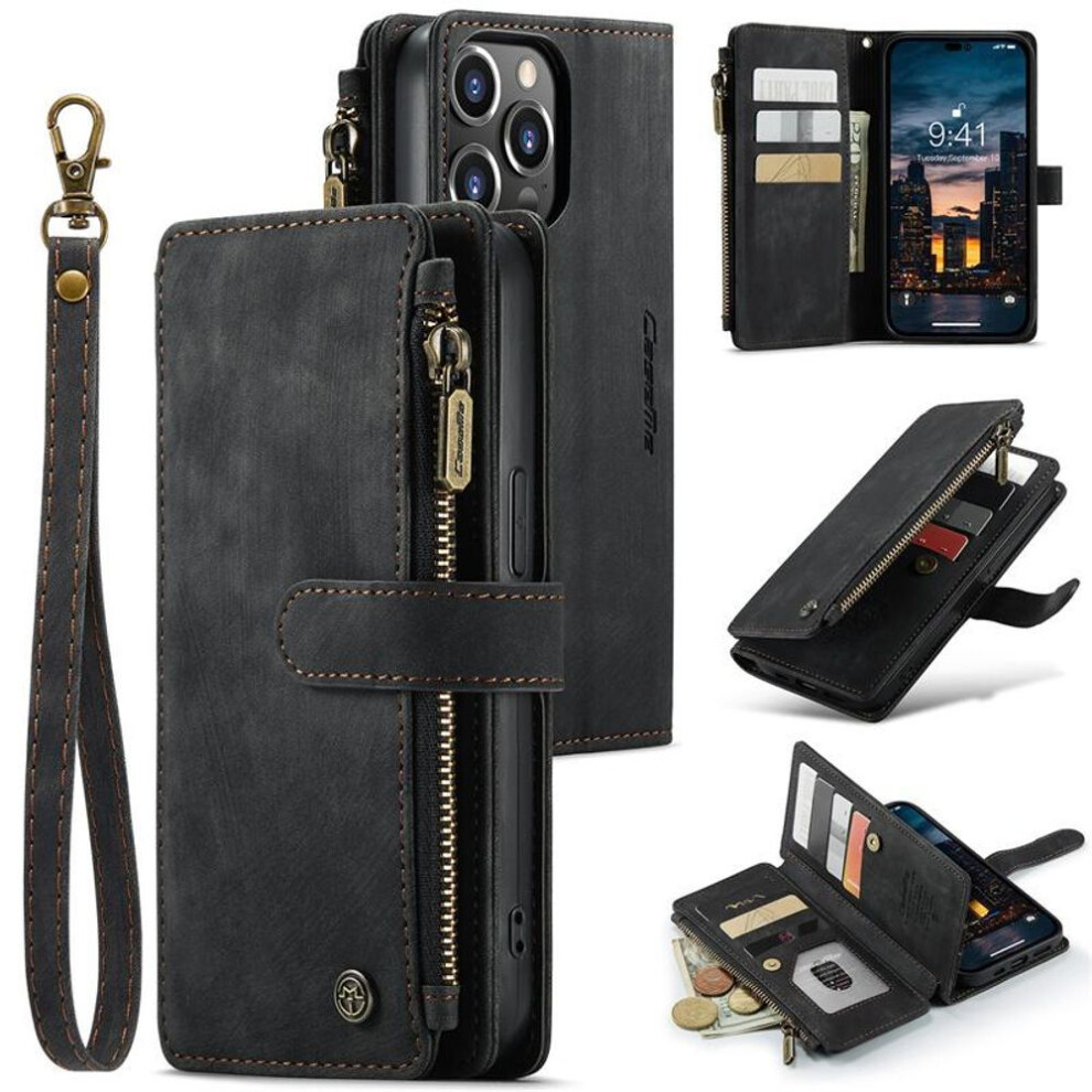 (black, iPhone 14 Pro) CaseMe Flip Leather Phone Case For iPhone 11 12 13 14 15 Pro Max XS XR X SE 2022 8 7 Samsung S23 Plus S22 S21 FE S20 Note 20 Zipper Wallet Card Cover