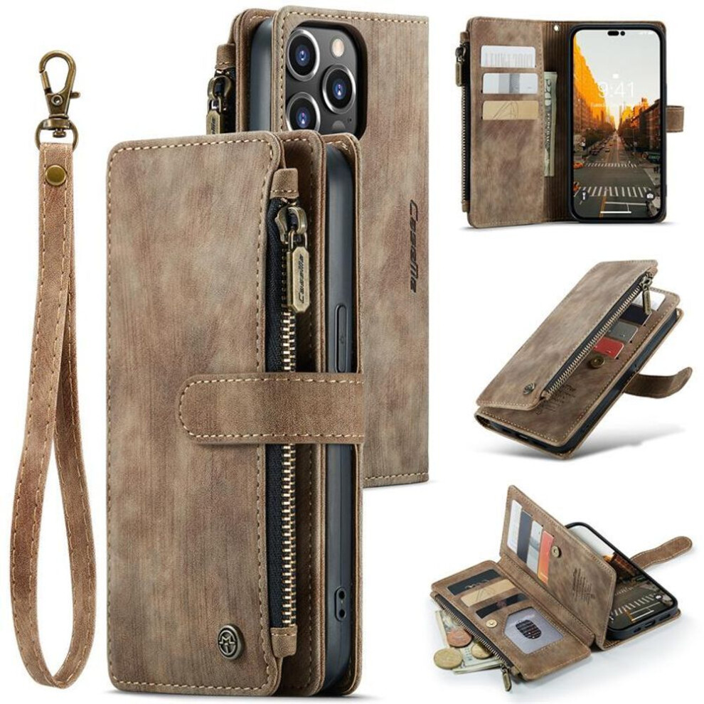 (brown, iPhone SE 2022) CaseMe Flip Leather Phone Case For iPhone 11 12 13 14 15 Pro Max XS XR X SE 2022 8 7 Samsung S23 Plus S22 S21 FE S20 Note 20 Zipper Wallet Card Cover