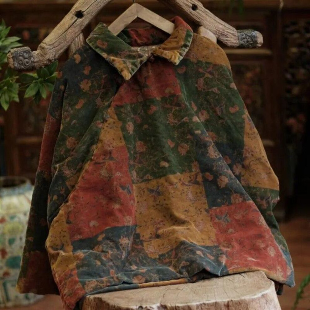 (dark green, One Size) Johnature Women Vintage Print Floral Pullover Parkas Turn-down Collar Long Sleeve Winter Coats Warm Loose Parkas