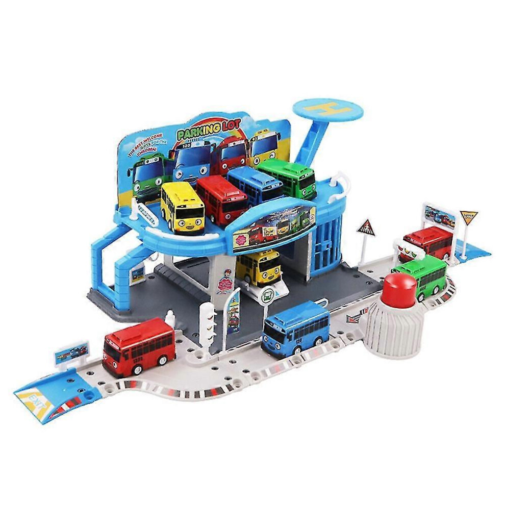 Kikidex (As Show, One Size) Cartoons The Little Bus Set Assembled Bus Station Parking Lot Car Runway Model With 2 Mini Bus