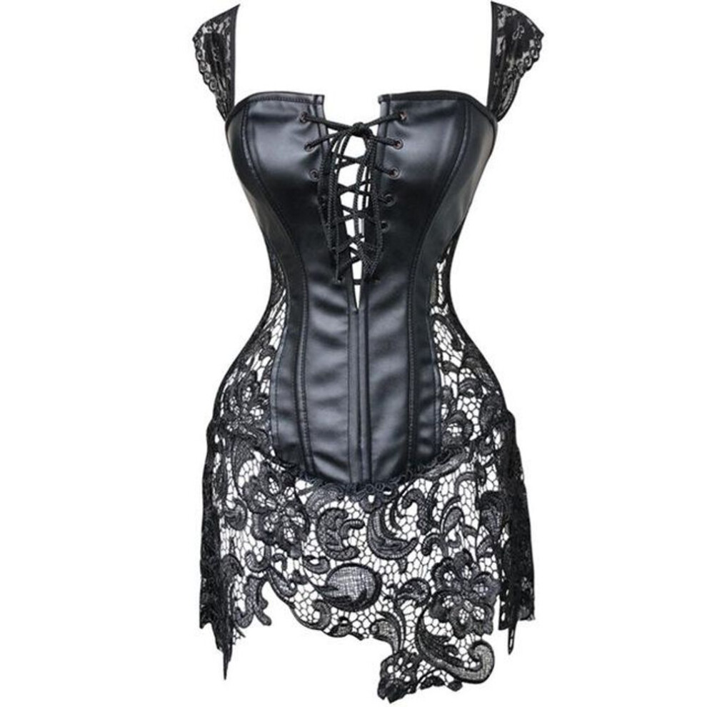 (black, XXL) Sexy Lingerie Women Leather&Lace Burlesque Steampunk Corset Dress Waist Bustier Corpet Plus Size