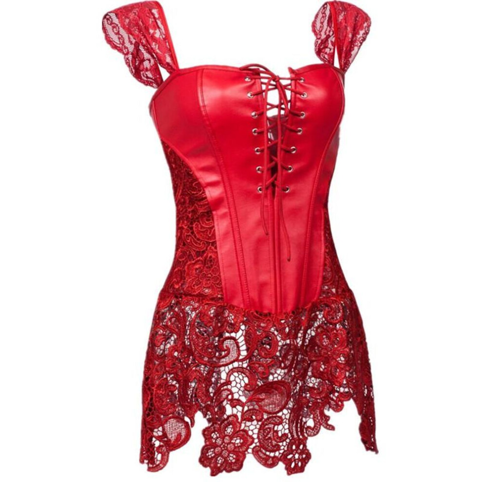 (red, XXXXXXL) Sexy Lingerie Women Leather&Lace Burlesque Steampunk Corset Dress Waist Bustier Corpet Plus Size