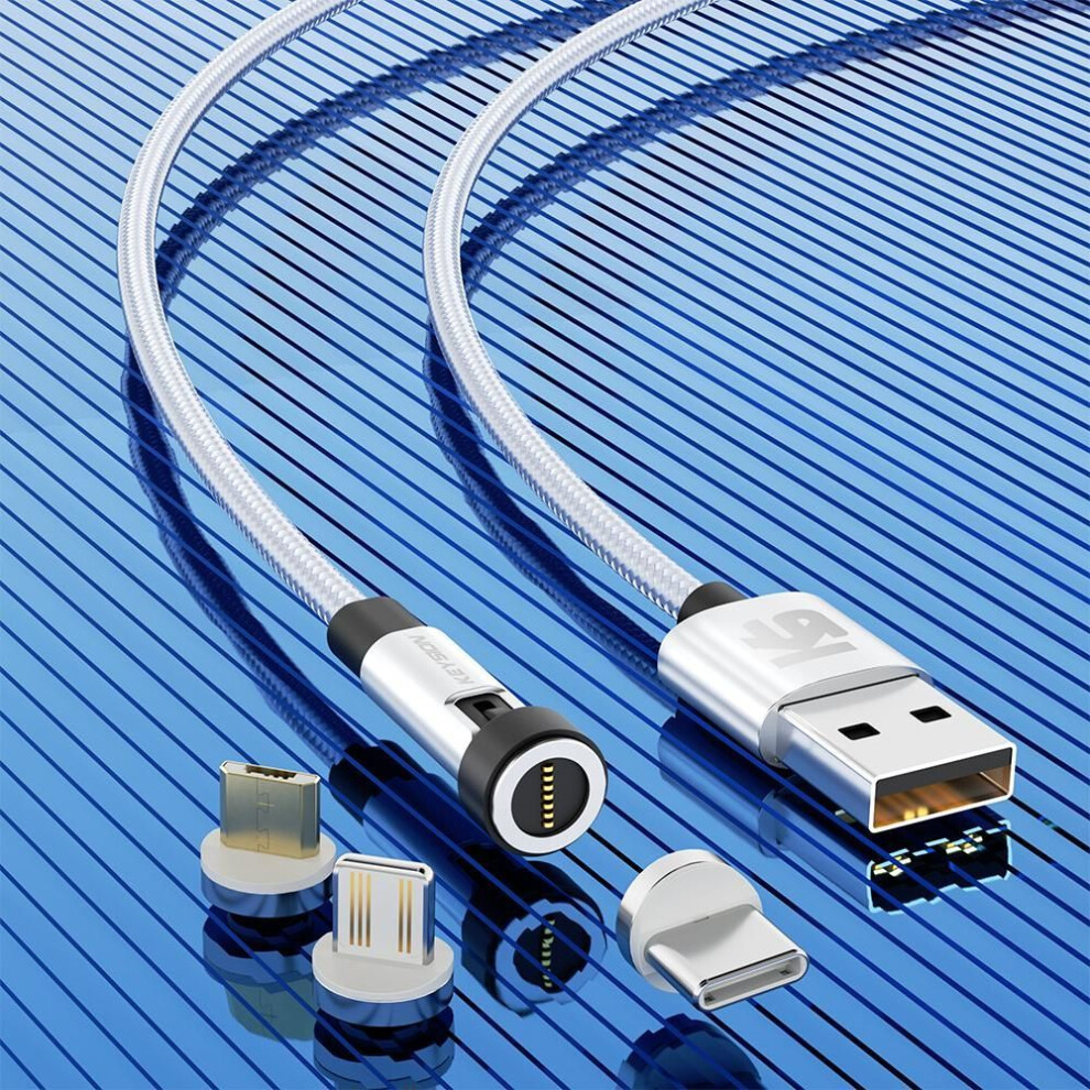 (silver, for 3 in 1 2m 3A) KEYSION 5A Magnetic USB Cable Rotatable Gaming Cable Fast Charging Type C Cable Magnet Charger Data Micro USB Mobile Phone Cable
