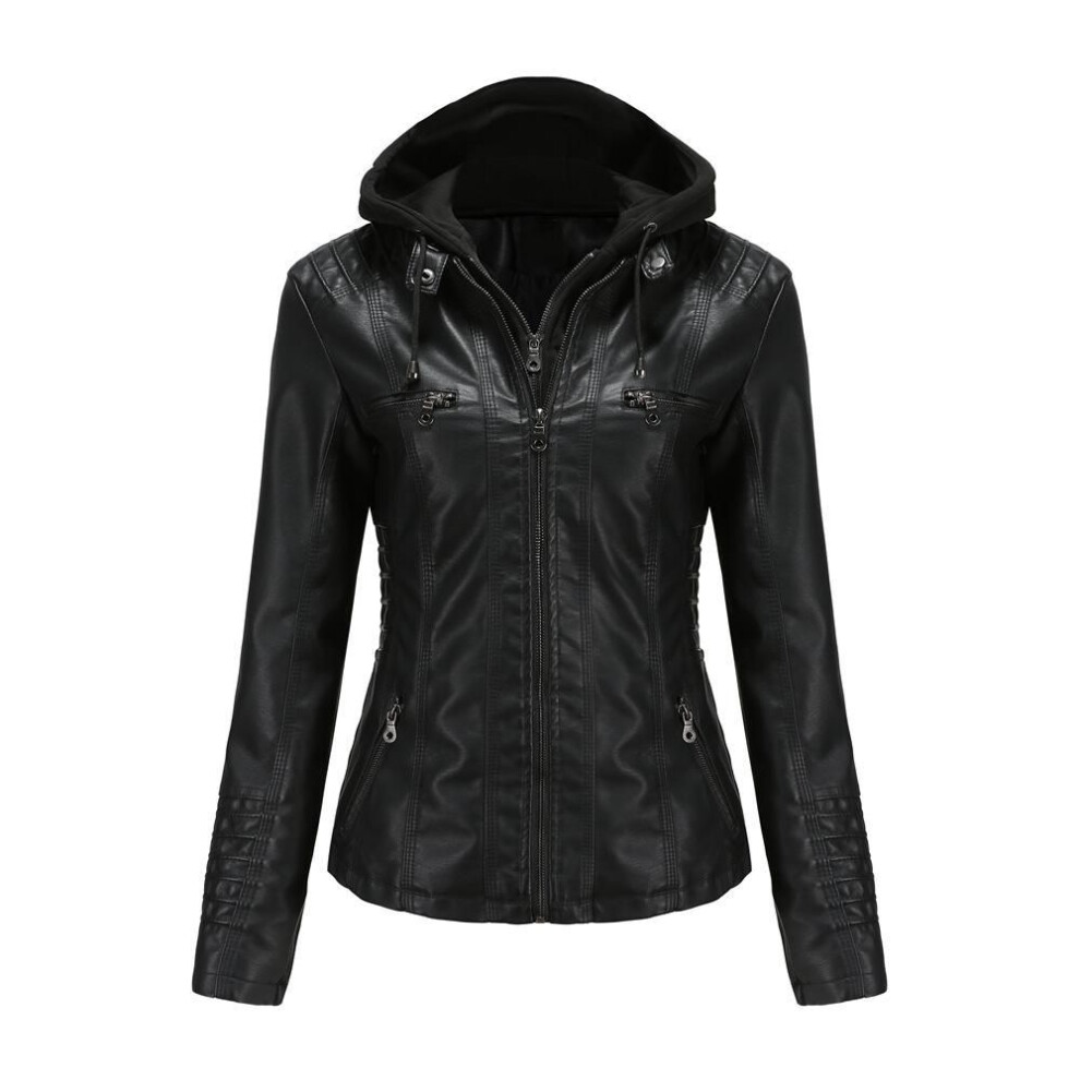 (black, 4XL) Women Spring Autumn Hooded  Two Piece Removable Large Size PU Washed Leather Jacket S-4XL